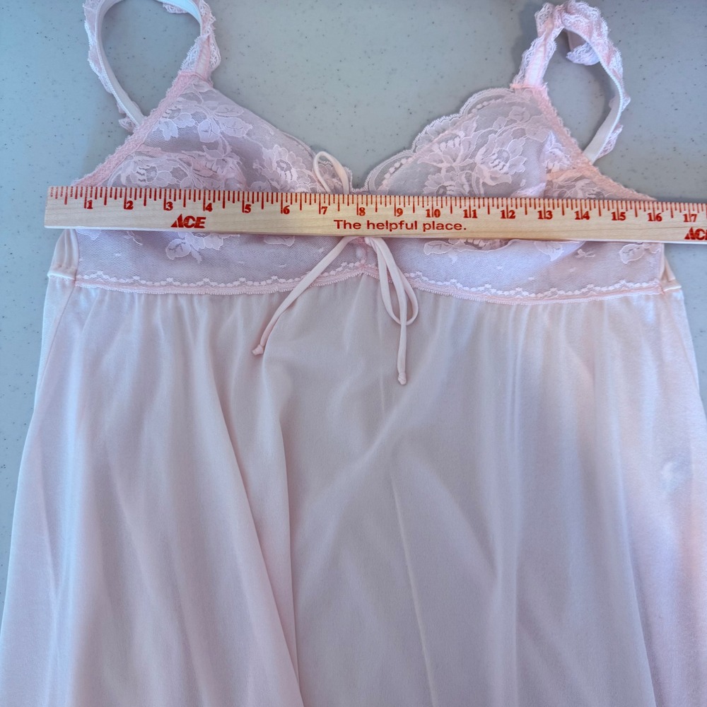 Vintage Pink Lace Bodice Nightgown Maxi Chemise Sleepwear Ruffle Strap Small - Picture 8 of 10